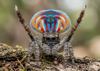 A aranha-pavão mede poucos milímetros, mas os machos fazem uma dança colorida elaborada para conquistar as fêmeas