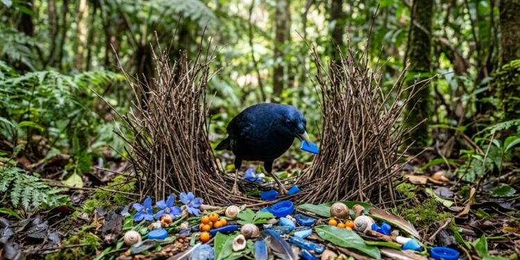 O pássaro que decora o ninho com objetos coloridos e monta uma "pista de dança" para atrair a fêmea