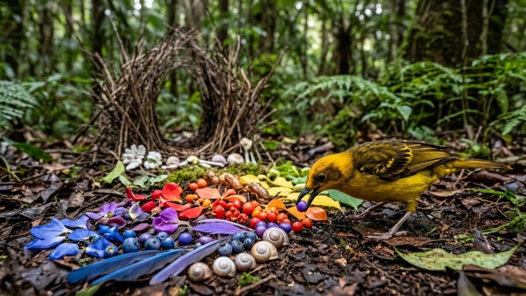 O pássaro que decora o ninho com objetos coloridos e monta uma "pista de dança" para atrair a fêmea