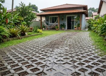 Pavimento permeável, menos escoamento, evita superfícies impermeáveis que podem elevar em até 50% a água da chuva que corre pelo jardim