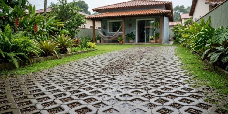 Pavimento permeável, menos escoamento, evita superfícies impermeáveis que podem elevar em até 50% a água da chuva que corre pelo jardim