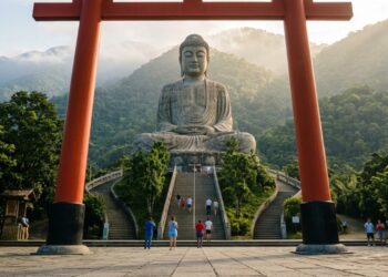 Um Buda de 35 metros observa a rodovia e revela a cidade onde Itália e Japão se encontram
