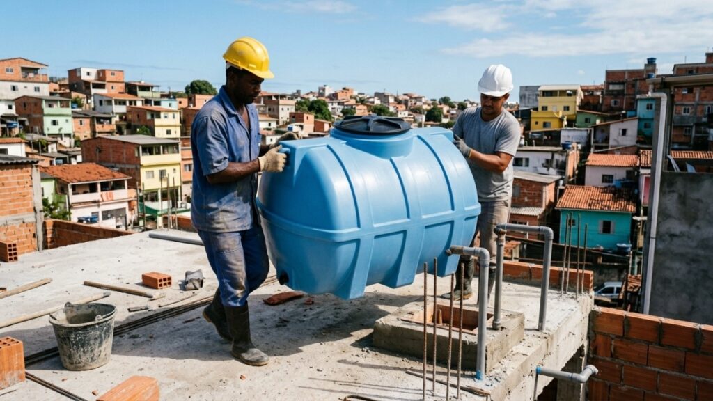 Adeus, caixa d'água de amianto: modelo empilhável de polietileno que cabe em lajes pequenas vira exigência nas obras em 2026