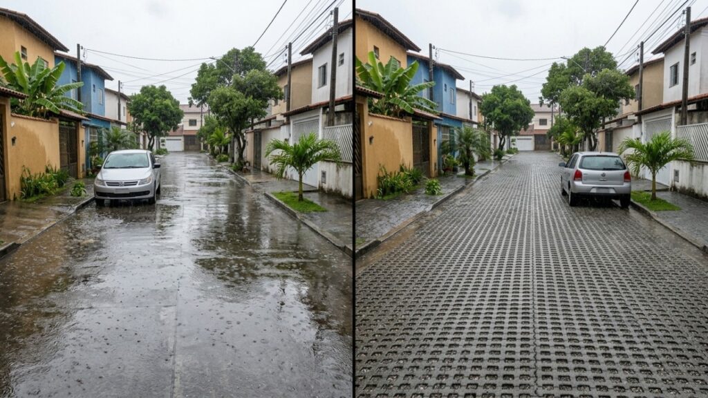 Pavimento permeável, menos escoamento, evita superfícies impermeáveis que podem elevar em até 50% a água da chuva que corre pelo jardim
