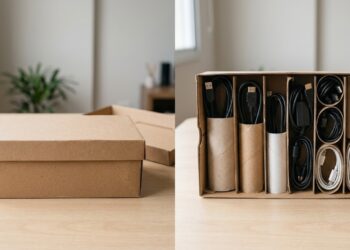 A caixa de papelão que pode virar um organizador de cabos usando apenas rolos de papel e alguns cortes
