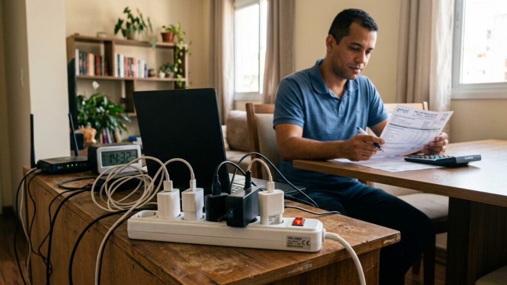 Quanto custa por mês deixar 5 carregadores de celular ligados na tomada sem celular: o consumo individual é irrisório, mas somados a TVs em standby, micro-ondas com relógio e videogame no modo repouso, a conta fantasma pode passar de R$ 40 por mês