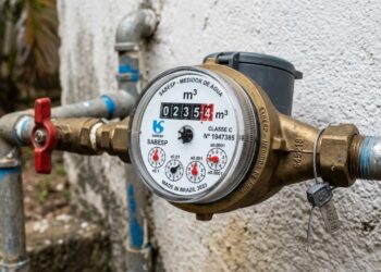 Para que serve a pequena aba de plástico que fica para trás quando você abre o registro do cavalete na calçada, por que o hidrômetro tem dois ponteiros que giram em direções opostas, e o que significa o número no lacre da concessionária que o encanador confere antes de qualquer reparo