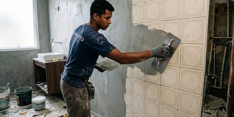 Adeus, quebra-quebra no banheiro, dá para passar cimento queimado por cima do azulejo antigo sem tirar uma peça, desde que o revestimento não soe oco na batida, e a sequência é desengordurar, lixar, dar ponte de aderência, nivelar, queimar e selar contra umidade