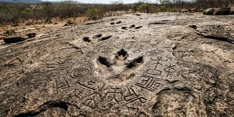 Pegadas de dinossauros preservadas no sertão aparecem ao lado de desenhos feitos por humanos milhões de anos depois, formando o único sítio conhecido no mundo onde arte rupestre e rastros desses animais aparecem juntos