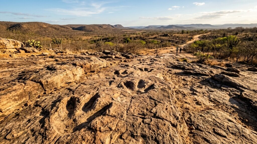 Pegadas de dinossauros preservadas no sertão aparecem ao lado de desenhos feitos por humanos milhões de anos depois, formando o único sítio conhecido no mundo onde arte rupestre e rastros desses animais aparecem juntos