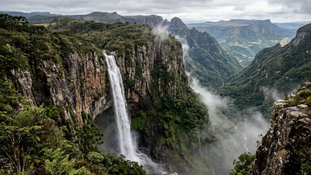 Do alto deste município catarinense é possível enxergar o mar a mais de 100 quilômetros em dias limpos, enquanto uma janela natural de pedra, cânions e mais de 80 cachoeiras transformam a serra em roteiro de aventura