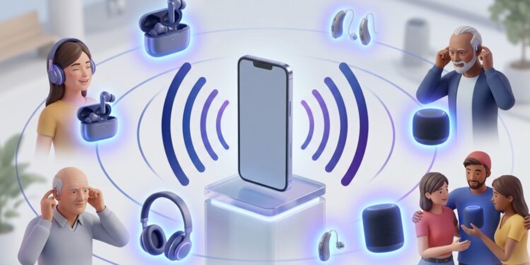O Bluetooth ganhou um modo parecido com rádio, um aparelho transmite o mesmo áudio para vários fones e aparelhos auditivos próximos