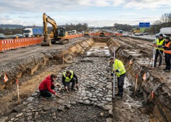 Obras da A8 encontram estrada romana de 2.000 anos na Alemanha, e o traçado antigo cruza a futura rodovia em ângulo de 90°
