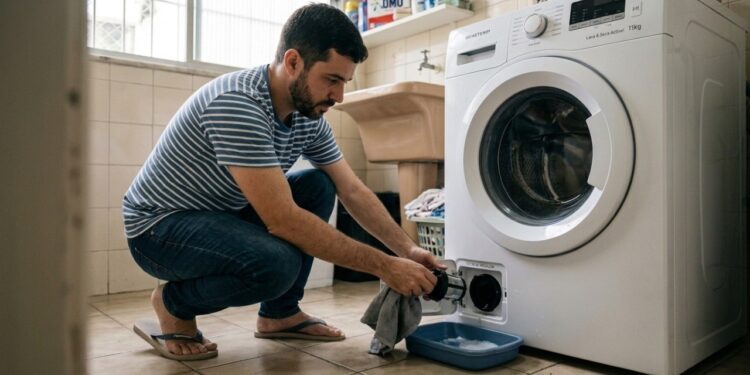 Para que serve a pequena tampa localizada na parte inferior da máquina de lavar roupa