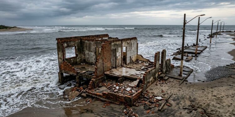 A cidade onde o mar avança cerca de 5 metros por ano em um de seus distritos, casas já viraram ruínas na areia e em 2026 começou um novo estudo para enfrentar a erosão