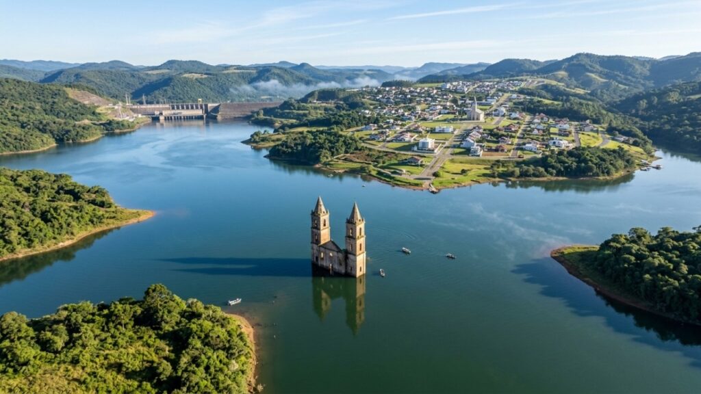 A cidade de Santa Catarina que mudou de lugar para dar espaço a uma hidrelétrica e deixou duas torres no meio do lago