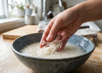 O motivo pelo qual o arroz do restaurante japonês fica solto e brilhante não é o tipo do grão: é a lavagem de 7 águas que remove o amido superficial e a proporção água-arroz que muda conforme a altitude da cidade