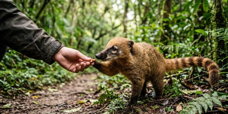 O lanche dado a um quati no parque pode mudar o comportamento do animal e criar um problema para todos os visitantes