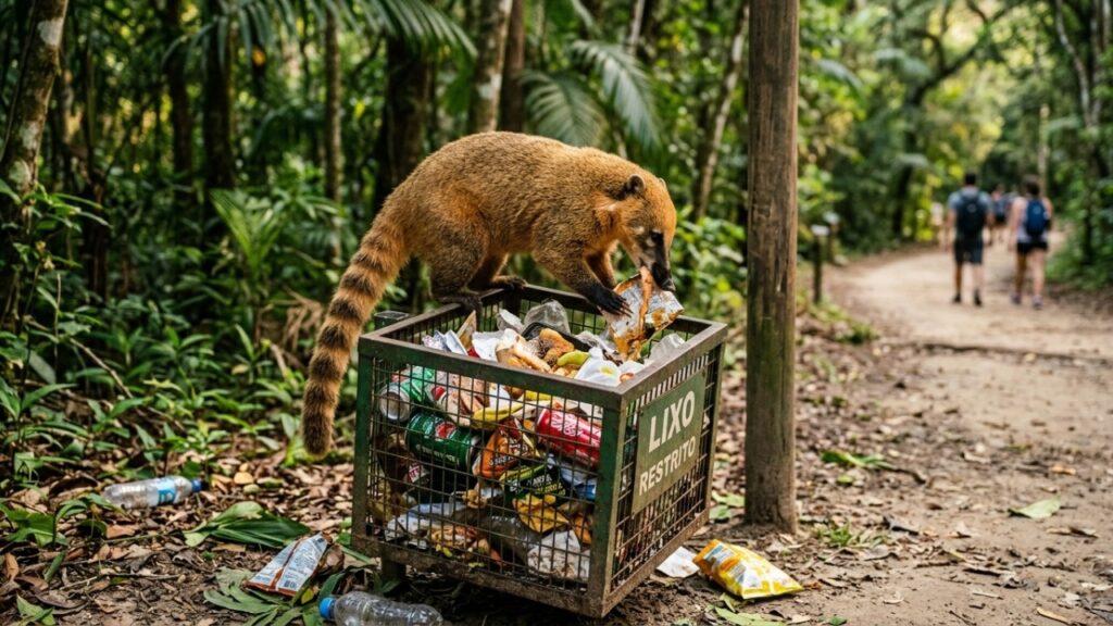 O lanche dado a um quati no parque pode mudar o comportamento do animal e criar um problema para todos os visitantes