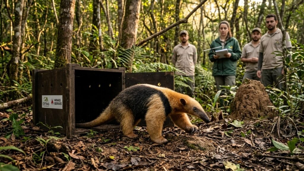 Filhote de tamanduá-mirim foi encontrado ao lado da mãe morta por atropelamento, passou meses em reabilitação e conseguiu voltar à natureza em Minas Gerais