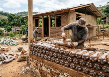 Pedreiros estão construindo casas com garrafas PET e terra compactada, sem cimento nas paredes, e a obra fica pronta em 10 dias