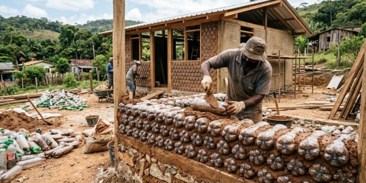 Pedreiros estão construindo casas com garrafas PET e terra compactada, sem cimento nas paredes, e a obra fica pronta em 10 dias
