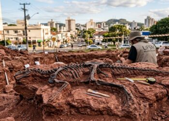Afloramentos urbanos de Santa Maria preservam fósseis fundamentais da evolução dos dinossauros - Imagem criada por inteligência artificial (ChatGPT / Olhar Digital)