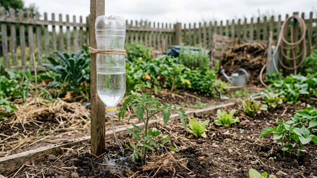 A garrafa PET cortada ao meio que agricultores familiares enterram ao lado da muda e que pesquisadores da Embrapa chamam de "irrigação de subsuperfície para quem não tem gotejamento": a água vai direto na raiz, a evaporação cai 70% e o pé de tomate rende o dobro