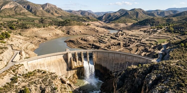 Barragem de 123 anos é esvaziada na Espanha para passar por reforço estrutural e revelar o fundo de um reservatório histórico do rio Segura