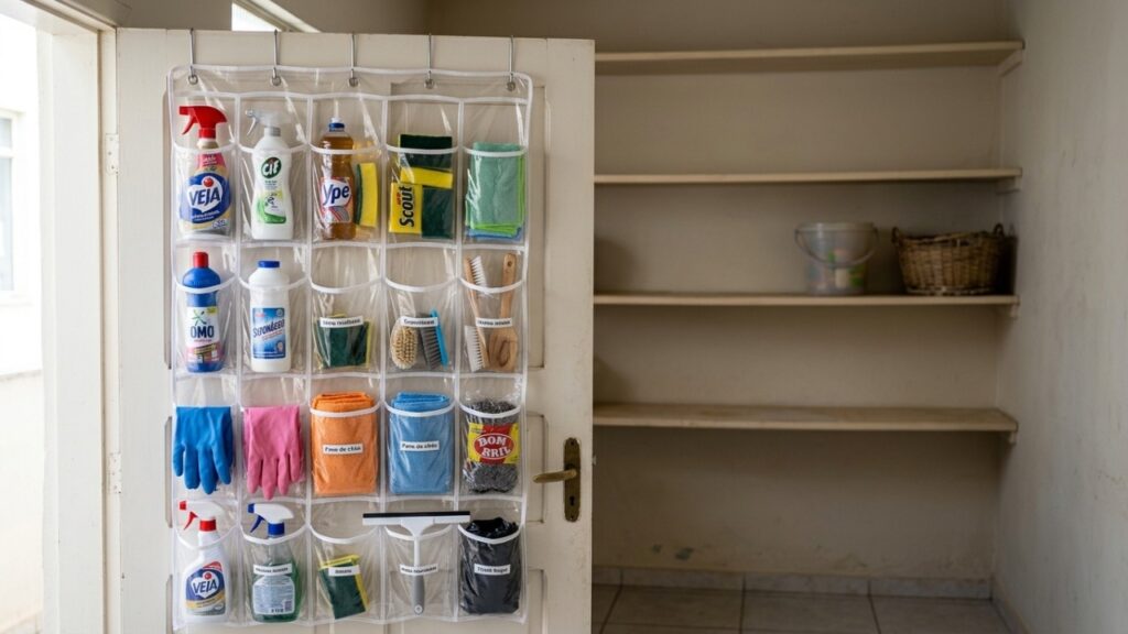 A gambiarra para aproveitar o espaço atrás da porta e criar um lugar extra para guardar produtos de limpeza