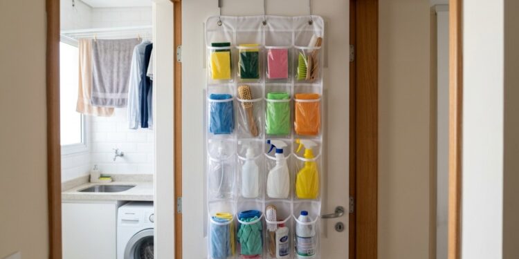 A gambiarra para aproveitar o espaço atrás da porta e criar um lugar extra para guardar produtos de limpeza