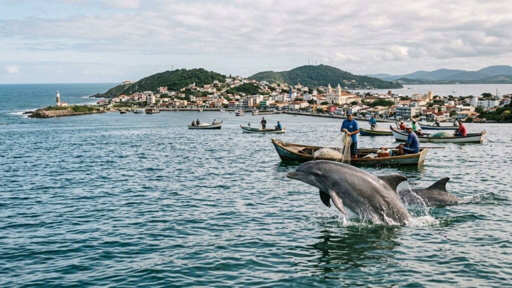No litoral catarinense, uma cidade espera o sinal dos botos antes de lançar as redes