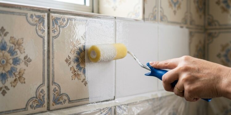 Pintor que trabalha com tinta epóxi separa onde a pintura de azulejo aguenta e onde ela descasca, parede seca fora do box segura bem, faixa acima da bancada também, piso e área interna do box não seguram, e azulejo solto inviabiliza o serviço inteiro