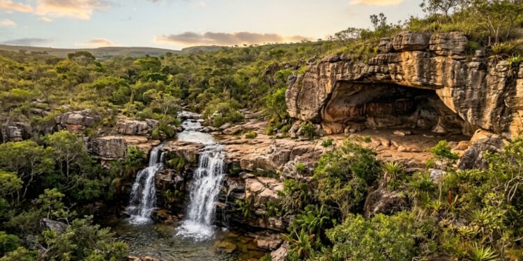 Cachoeiras, grutas e sítios arqueológicos dividem o mesmo roteiro em um município goiano onde um esqueleto com mais de 11.500 anos ajuda a contar uma ocupação humana antiquíssima do Cerrado