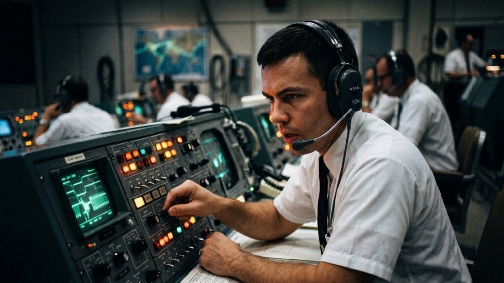 Um foguete que levava três astronautas à Lua foi atingido duas vezes por raios segundos depois da decolagem, praticamente todo o painel começou a acender e uma instrução que quase ninguém entendia, permitiu que a missão continuasse