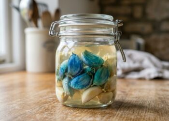 O alho que fica verde ou azul quando colocado em conserva de vinagre não está estragado nem é tóxico: a mudança de cor acontece por uma reação entre compostos de enxofre do alho e traços de cobre presentes na água ou no recipiente
