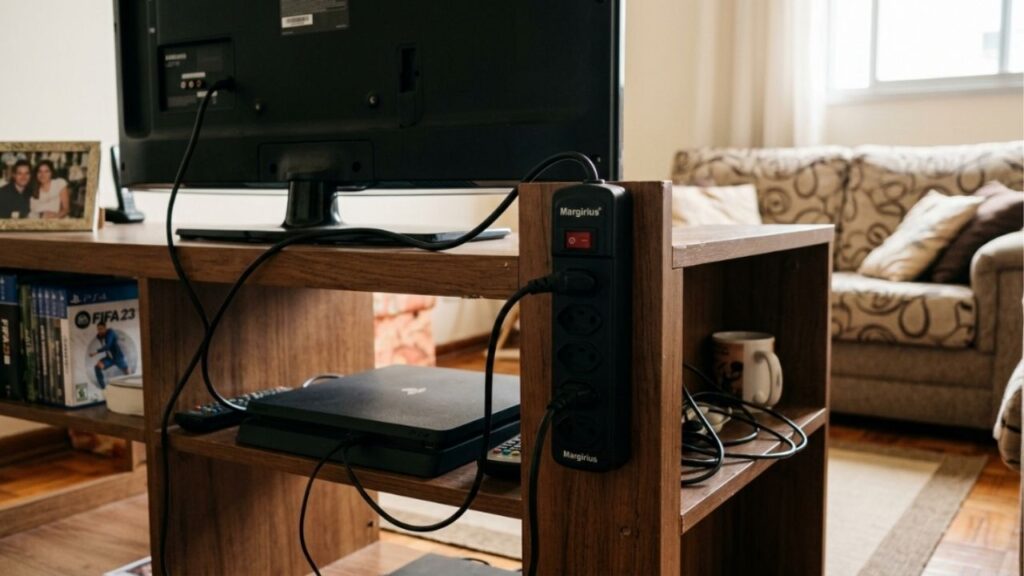 O modo longo de espera na TV moderna ligada na parede todos os dias desperdiça aos poucos toda a mesma grande energia vital de várias luzes esquecidas e desligar de fato paga toda a taxa de limpeza mínima do seu lixo real