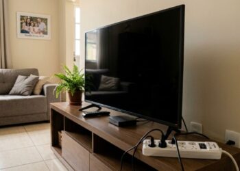O modo longo de espera na TV moderna ligada na parede todos os dias desperdiça aos poucos toda a mesma grande energia vital de várias luzes esquecidas e desligar de fato paga toda a taxa de limpeza mínima do seu lixo real