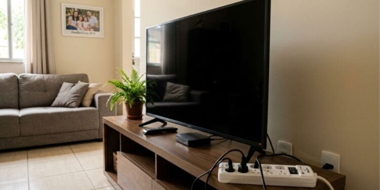 O modo longo de espera na TV moderna ligada na parede todos os dias desperdiça aos poucos toda a mesma grande energia vital de várias luzes esquecidas e desligar de fato paga toda a taxa de limpeza mínima do seu lixo real