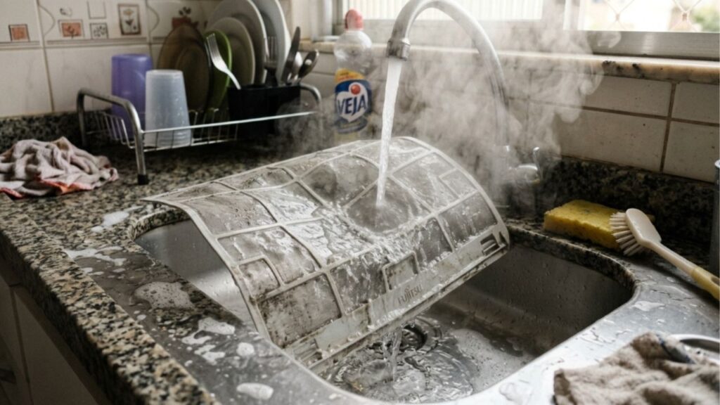 Técnico de ar-condicionado que atende 40 casas por mês diz que o aparelho para de gelar porque o filtro foi lavado com água quente, e revela a temperatura máxima que a peça aguenta sem entortar