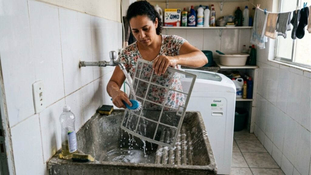 Técnico de ar-condicionado que atende 40 casas por mês afirma que o aparelho não gela porque o filtro foi lavado com água quente, e diz a temperatura máxima que a peça aguenta sem entortar