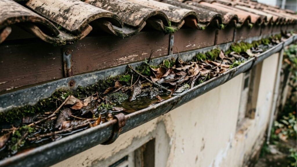 Instalador de calhas que trabalha em telhado colonial afirma que a goteira que aparece na laje quando chove forte quase nunca é telha quebrada: é calha entupida que transborda por cima e escorre pela parede interna