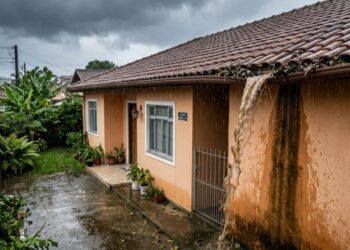 Instalador de calhas que trabalha em telhado colonial afirma que a goteira que aparece na laje quando chove forte quase nunca é telha quebrada: é calha entupida que transborda por cima e escorre pela parede interna