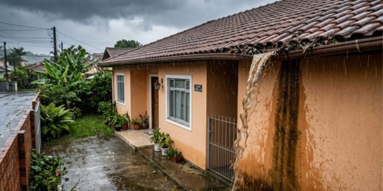 Instalador de calhas que trabalha em telhado colonial afirma que a goteira que aparece na laje quando chove forte quase nunca é telha quebrada: é calha entupida que transborda por cima e escorre pela parede interna