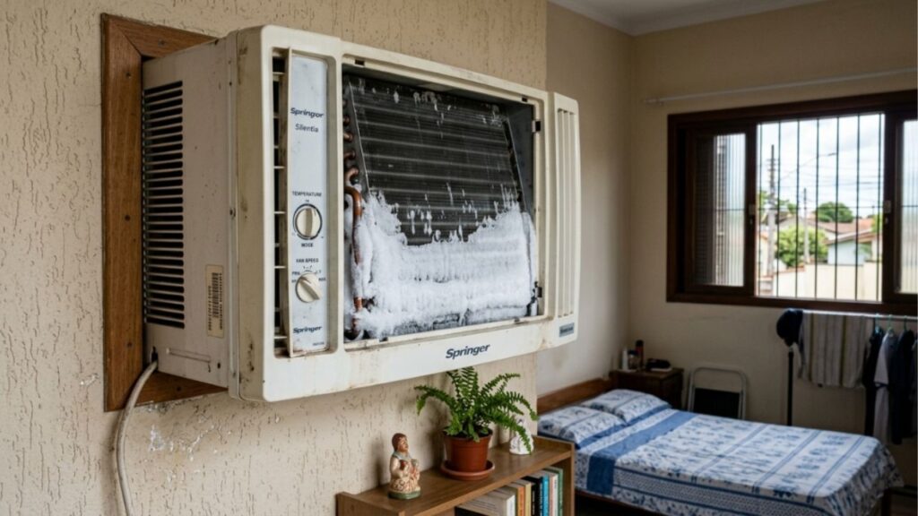 Técnico de refrigeração que conserta ar-condicionado de janela explica por que o aparelho de 7.500 BTUs numa sala de 20 metros quadrados congela, pinga, gasta mais e estraga antes: a conta errada que 90% dos compradores fazem no balcão da loja