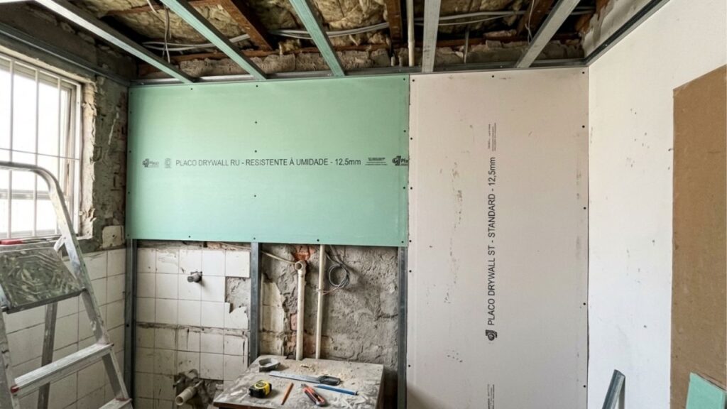 Instalador de drywall repete o alerta: placa branca não é indicada para banheiro sem ventilação, a verde resiste à umidade intermitente mas depende de juntas bem tratadas, e a fixação na telha em vez da estrutura compromete o forro