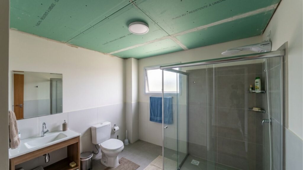 Instalador de drywall repete o alerta: placa branca não é indicada para banheiro sem ventilação, a verde resiste à umidade intermitente mas depende de juntas bem tratadas, e a fixação na telha em vez da estrutura compromete o forro