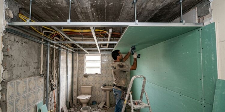 Instalador de drywall repete o alerta: placa branca não é indicada para banheiro sem ventilação, a verde resiste à umidade intermitente mas depende de juntas bem tratadas, e a fixação na telha em vez da estrutura compromete o forro