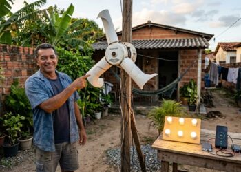 O inventor que transformou o motor de uma máquina de lavar velha em um gerador eólico de quintal que alimenta 6 lâmpadas LED e um carregador de celular, o custo total da montagem ficou abaixo de R$ 180, e o detalhe das pás cortadas de tubo de PVC que faz a diferença entre um ventilador inútil e uma turbina que gira com brisa de 12 km/h