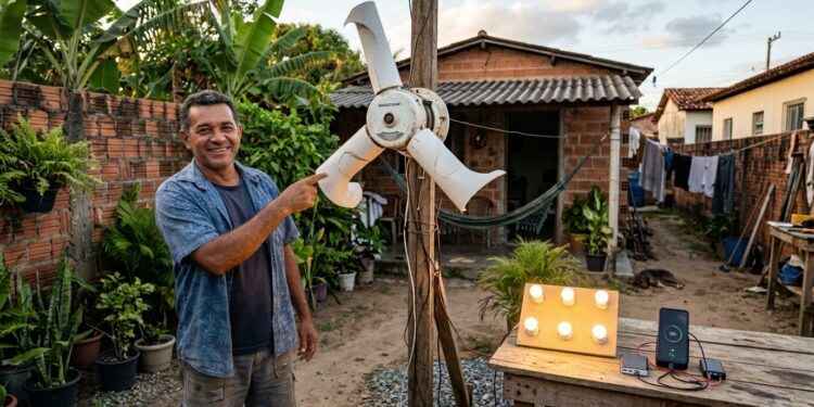 O inventor que transformou o motor de uma máquina de lavar velha em um gerador eólico de quintal que alimenta 6 lâmpadas LED e um carregador de celular, o custo total da montagem ficou abaixo de R$ 180, e o detalhe das pás cortadas de tubo de PVC que faz a diferença entre um ventilador inútil e uma turbina que gira com brisa de 12 km/h